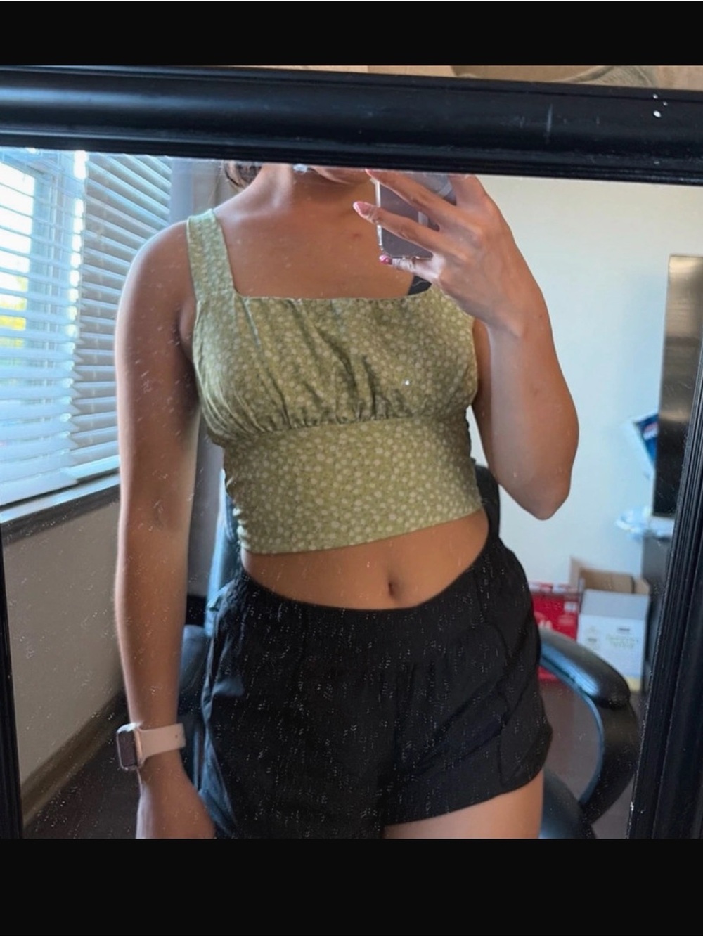 Green Floral Square-Neck Crop Top